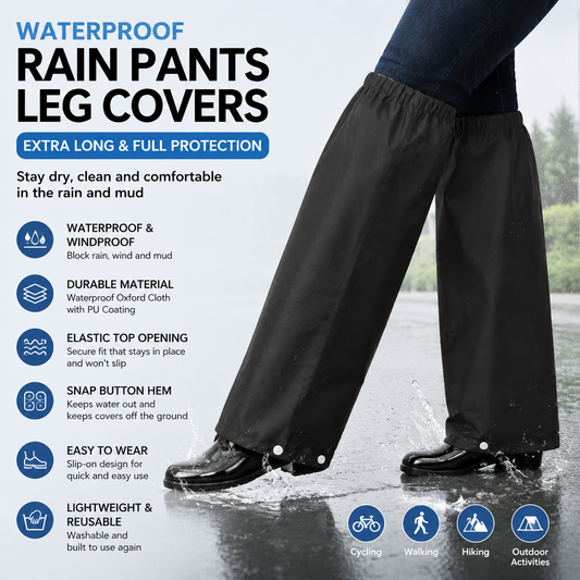 Black Waterproof Rain Leg Covers and Long Half Rain Pants, Quick Pull-On with Adjustable Elastic Top & Snap Closure Cuffs â€“ Lightweight & Reusable, Windproof & Mudproof for Commuting, Cycling, Garden and Outdoor Activities (1 Pair 3XL)