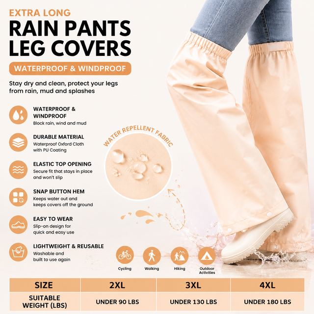 Beige Waterproof Rain Leg Covers and Long Half Rain Pants, Quick Pull-On with Adjustable Elastic Top & Snap Closure Cuffs â€“ Lightweight & Reusable, Windproof & Mudproof for Commuting, Cycling, Garden and Outdoor Activities (1 Pair 3XL)