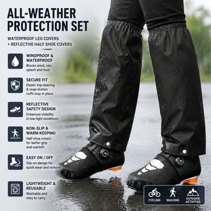 Black Waterproof Rain Leg Covers and Long Half Rain Pants, Quick Pull-On with Adjustable Elastic Top & Snap Closure Cuffs â€“ Lightweight & Reusable, Windproof & Mudproof for Commuting, Cycling, Garden and Outdoor Activities (1 Pair 4XL)