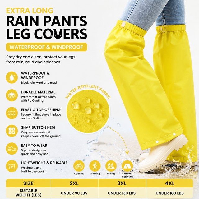 Yellow Waterproof Rain Leg Covers and Long Half Rain Pants, Quick Pull-On with Adjustable Elastic Top & Snap Closure Cuffs â€“ Lightweight & Reusable, Windproof & Mudproof for Commuting, Cycling, Garden and Outdoor Activities (1 Pair 4XL)