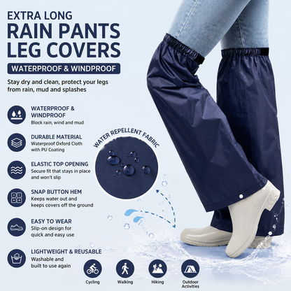 Navy Blue Waterproof Rain Leg Covers and Long Half Rain Pants, Quick Pull-On with Adjustable Elastic Top & Snap Closure Cuffs â€“ Lightweight & Reusable, Windproof & Mudproof for Commuting, Cycling, Garden and Outdoor Activities (1 Pair 4XL)