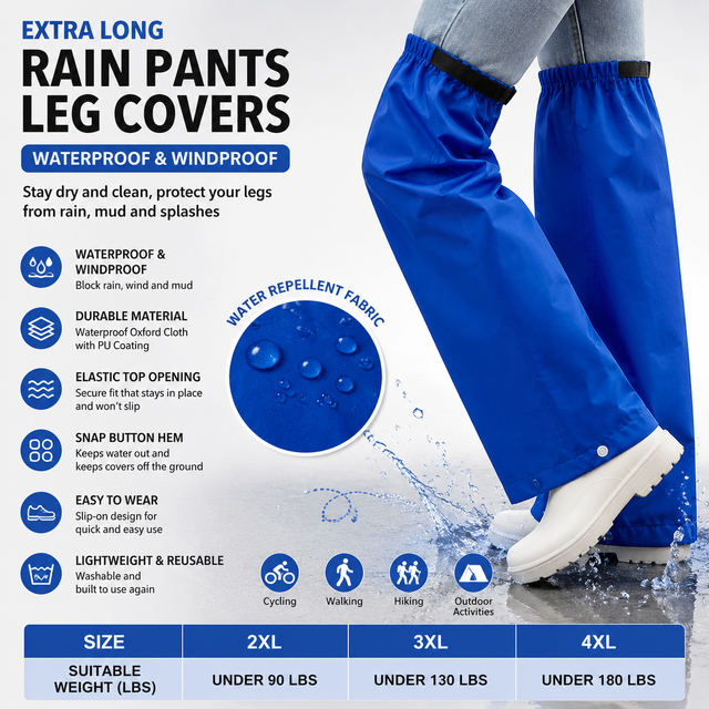 Royal Blue Waterproof Rain Leg Covers and Long Half Rain Pants, Quick Pull-On with Adjustable Elastic Top & Snap Closure Cuffs â€“ Lightweight & Reusable, Windproof & Mudproof for Commuting, Cycling, Garden and Outdoor Activities (1 Pair 4XL)