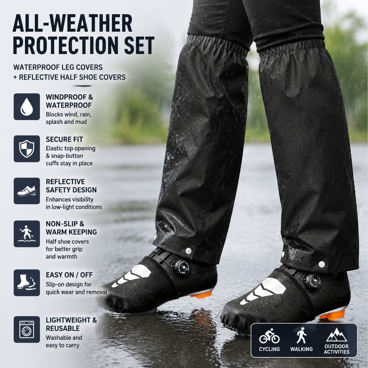 Black Waterproof Windproof Cycling Shoe Covers & Long Half Rain Pants Set â€“ 2 Pairs Nonslip Reflective Half Toe Shoe Covers and 1 Pair Quick Pull-On Adjustable Leg Covers 4XL for Commuting, Hiking and Outdoor Riding