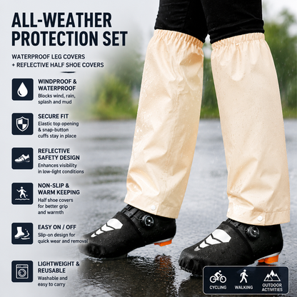 Beige Waterproof Windproof Cycling Shoe Covers & Long Half Rain Pants Set â€“ 2 Pairs Nonslip Reflective Half Toe Shoe Covers and 1 Pair Quick Pull-On Adjustable Leg Covers 4XL for Commuting, Hiking and Outdoor Riding