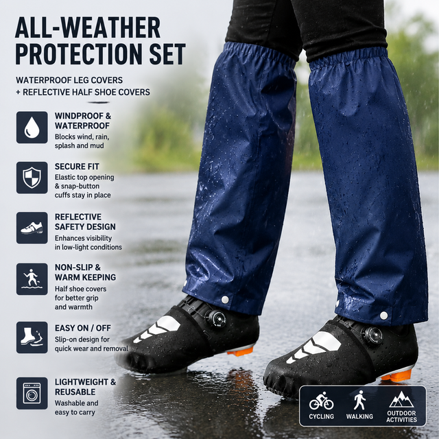Navy Blue Waterproof Windproof Cycling Shoe Covers & Long Half Rain Pants Set â€“ 2 Pairs Nonslip Reflective Half Toe Shoe Covers and 1 Pair Quick Pull-On Adjustable Leg Covers 4XL for Commuting, Hiking and Outdoor Riding