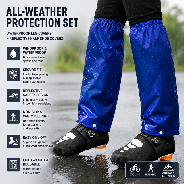 Royal Blue Waterproof Windproof Cycling Shoe Covers & Long Half Rain Pants Set â€“ 2 Pairs Nonslip Reflective Half Toe Shoe Covers and 1 Pair Quick Pull-On Adjustable Leg Covers 4XL for Commuting, Hiking and Outdoor Riding