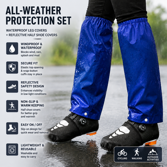 Royal Blue Waterproof Windproof Cycling Shoe Covers & Long Half Rain Pants Set â€“ 2 Pairs Nonslip Reflective Half Toe Shoe Covers and 1 Pair Quick Pull-On Adjustable Leg Covers 4XL for Commuting, Hiking and Outdoor Riding