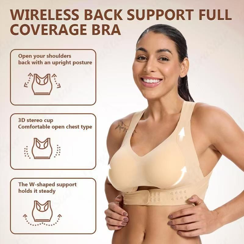 S Size Black Wireless Posture Support Sports Full Coverage Bra for Women â€“ High Elastic Seamless Fitness Underwear with Adjustable Front Closure, Wide Straps and Back Compression Design, Comfortable & Breathable Everyday