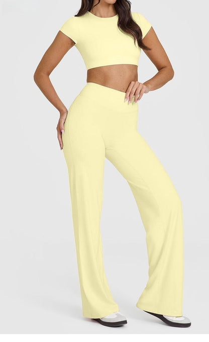 XL Size Yellow High Waisted Flare Yoga Pants for Women - M-Shaped Peach Hip Lifting Wide-Leg Workout Trousers with Soft & Skin Feel Four Way Stretch Fabric, Breathable & Quick Dry