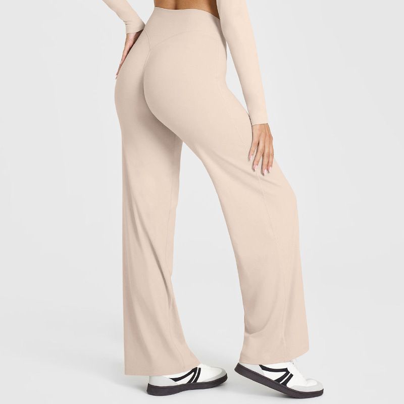 XL Size Apricot High Waisted Flare Yoga Pants for Women - M-Shaped Peach Hip Lifting Wide-Leg Workout Trousers with Soft & Skin Feel Four Way Stretch Fabric, Breathable & Quick Dry