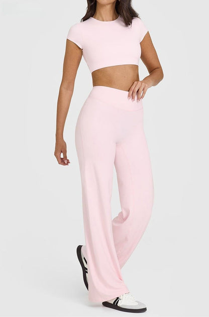 XL Size Pink High Waisted Flare Yoga Pants for Women - M-Shaped Peach Hip Lifting Wide-Leg Workout Trousers with Soft & Skin Feel Four Way Stretch Fabric, Breathable & Quick Dry
