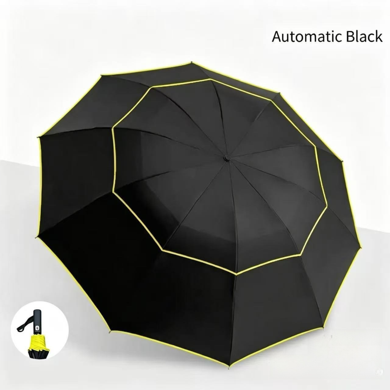 Black Compact 3-Folding Automatic Golf Umbrella, 42 Inch Large Coverage Double Canopy with 10 Steel Windproof Ribs, Waterproof Impact Cloth for Men and Women, Outdoor Sports Sun & Rain Protection