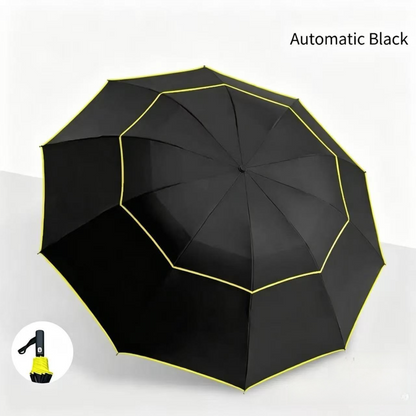 Black Compact 3-Folding Automatic Golf Umbrella, 42 Inch Large Coverage Double Canopy with 10 Steel Windproof Ribs, Waterproof Impact Cloth for Men and Women, Outdoor Sports Sun & Rain Protection