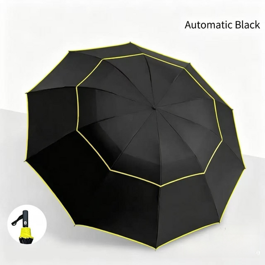 Black Compact 3-Folding Automatic Golf Umbrella, 42 Inch Large Coverage Double Canopy with 10 Steel Windproof Ribs, Waterproof Impact Cloth for Men and Women, Outdoor Sports Sun & Rain Protection