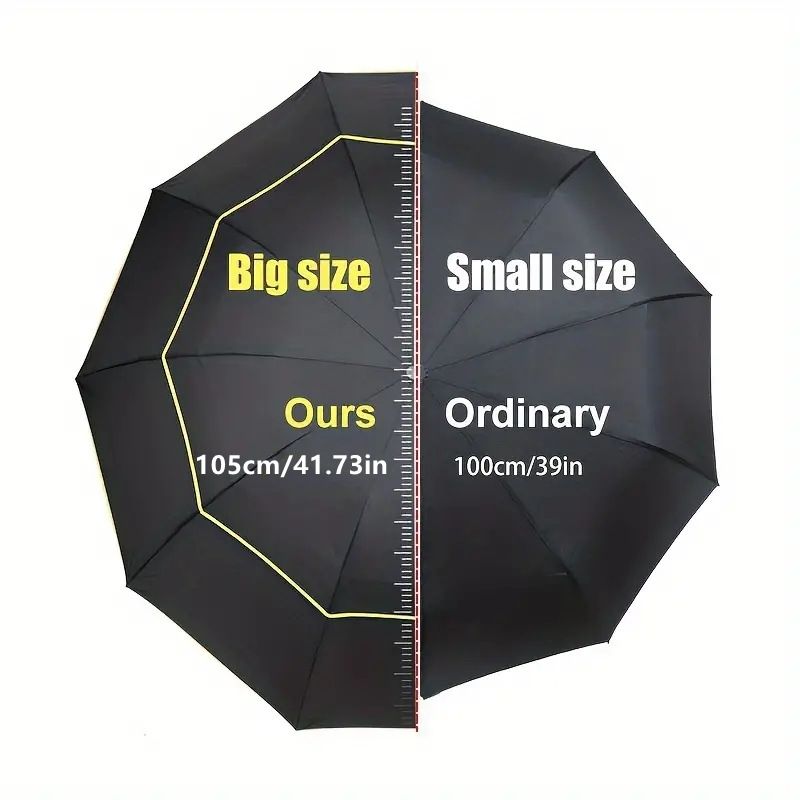 Black Compact 3-Folding Automatic Golf Umbrella, 42 Inch Large Coverage Double Canopy with 10 Steel Windproof Ribs, Waterproof Impact Cloth for Men and Women, Outdoor Sports Sun & Rain Protection