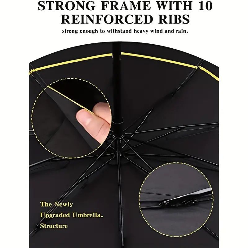 Black Compact 3-Folding Automatic Golf Umbrella, 42 Inch Large Coverage Double Canopy with 10 Steel Windproof Ribs, Waterproof Impact Cloth for Men and Women, Outdoor Sports Sun & Rain Protection