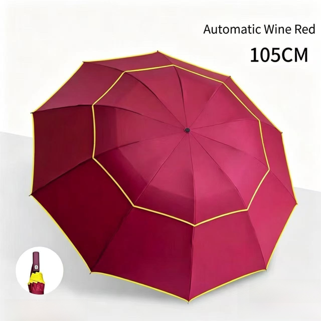 Wine Red Compact 3-Folding Automatic Golf Umbrella, 42 Inch Large Coverage Double Canopy with 10 Steel Windproof Ribs, Waterproof Impact Cloth for Men and Women, Outdoor Sports Sun & Rain Protection