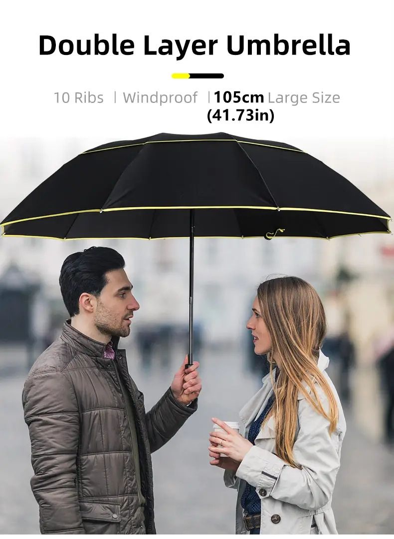 Wine Red Compact 3-Folding Automatic Golf Umbrella, 42 Inch Large Coverage Double Canopy with 10 Steel Windproof Ribs, Waterproof Impact Cloth for Men and Women, Outdoor Sports Sun & Rain Protection