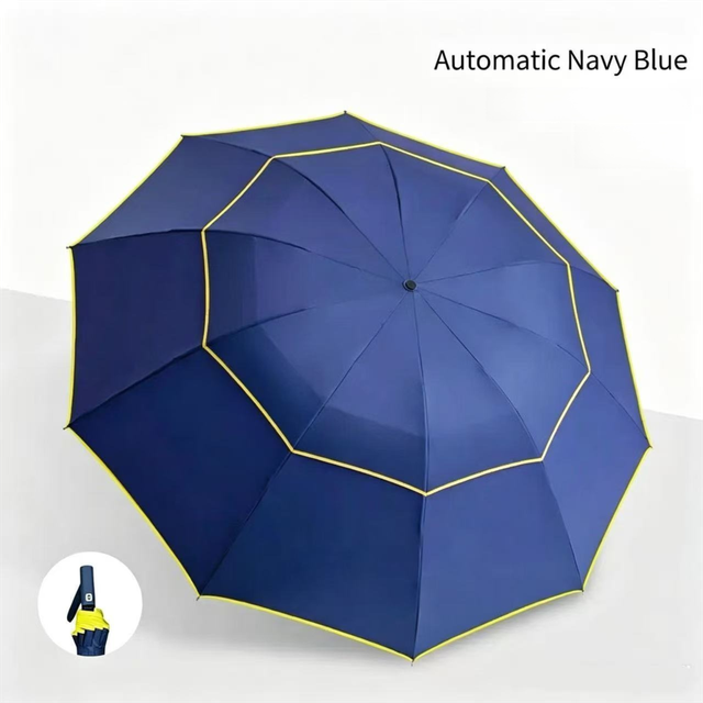 Navy Blue Compact 3-Folding Automatic Golf Umbrella, 42 Inch Large Coverage Double Canopy with 10 Steel Windproof Ribs, Waterproof Impact Cloth for Men and Women, Outdoor Sports Sun & Rain Protection
