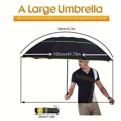 Navy Blue Compact 3-Folding Automatic Golf Umbrella, 42 Inch Large Coverage Double Canopy with 10 Steel Windproof Ribs, Waterproof Impact Cloth for Men and Women, Outdoor Sports Sun & Rain Protection