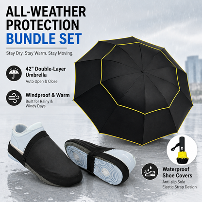 Black Compact 3-Fold Automatic Golf Umbrella (Dia 42 Inch) + Waterproof Thermal Half Shoe Covers (S Size) with Anti Slip Elastic Strapâ€“ Windproof & Stainproof Full Body Rain Protection Kit for Golf, Cycling and Outdoor Activities