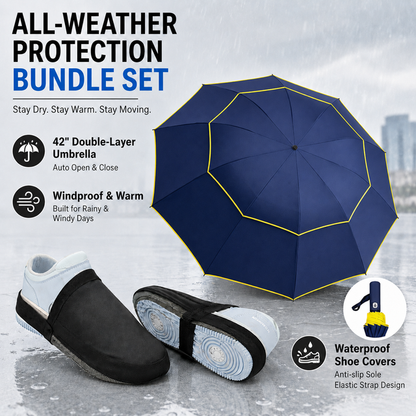 Navy Blue Compact 3-Fold Automatic Golf Umbrella (Dia 42 Inch) + Waterproof Thermal Half Shoe Covers (M Size) with Anti Slip Elastic Strapâ€“ Windproof & Stainproof Full Body Rain Protection Kit for Golf, Cycling and Outdoor Activities