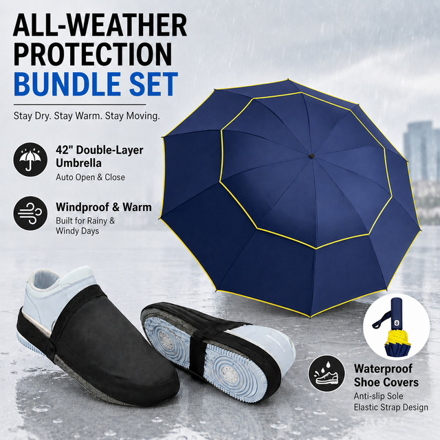 Navy Blue Compact 3-Fold Automatic Golf Umbrella (Dia 42 Inch) + Waterproof Thermal Half Shoe Covers (L Size) with Anti Slip Elastic Strapâ€“ Windproof & Stainproof Full Body Rain Protection Kit for Golf, Cycling and Outdoor Activities