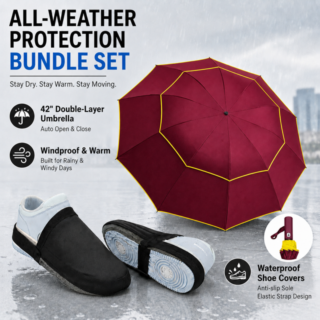 Wine Red Compact 3-Fold Automatic Golf Umbrella (Dia 42 Inch) + Waterproof Thermal Half Shoe Covers (M Size) with Anti Slip Elastic Strapâ€“ Windproof & Stainproof Full Body Rain Protection Kit for Golf, Cycling and Outdoor Activities