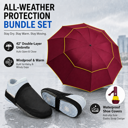 Wine Red Compact 3-Fold Automatic Golf Umbrella (Dia 42 Inch) + Waterproof Thermal Half Shoe Covers (L Size) with Anti Slip Elastic Strapâ€“ Windproof & Stainproof Full Body Rain Protection Kit for Golf, Cycling and Outdoor Activities