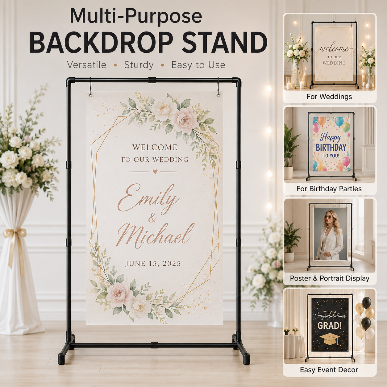 Black Square Backdrop Display Stand, Adjustable Display Rack, Flexible DIY Modular Frame and Easy Installation for Wedding Ceremony, Birthday Party, Banner Sign, Poster and Event Deco