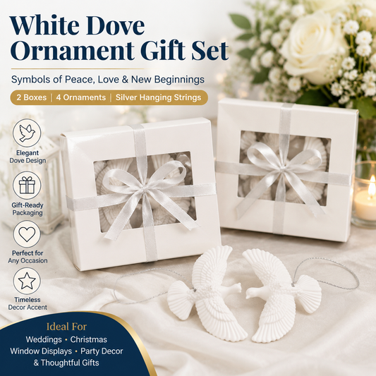 White Dove Christmas Ornament Set (4 Piece / 2 Gift Box) â€“ Elegant Peace Dove Hanging Pendant with Gift Boxes & Silver Strings, Wedding Party Window Display Decor and Holiday Tree Accessories