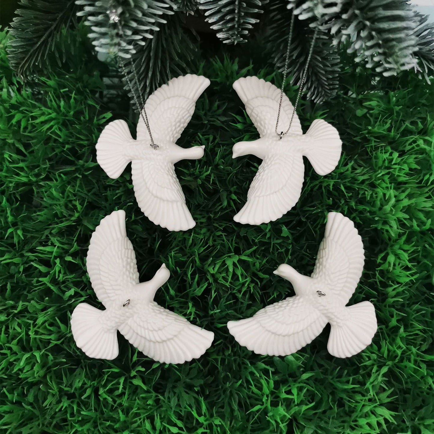 White Dove Christmas Ornament Set (4 Piece / 2 Gift Box) â€“ Elegant Peace Dove Hanging Pendant with Gift Boxes & Silver Strings, Wedding Party Window Display Decor and Holiday Tree Accessories