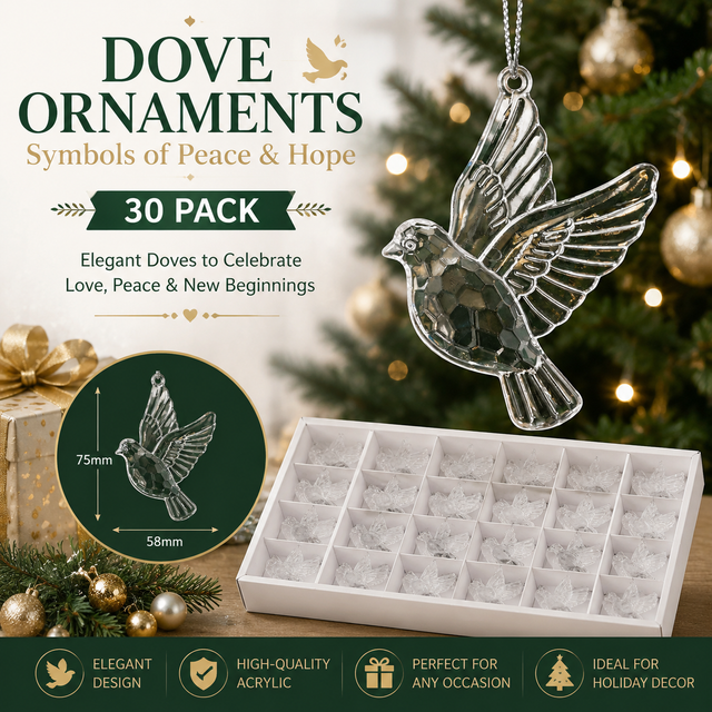 Crystal Flat Dove Christmas Ornament Set (30 PCS) â€“ Elegant Peace Dove Hanging Pendant, Wedding Party Window Display Decor and Holiday Tree Accessories