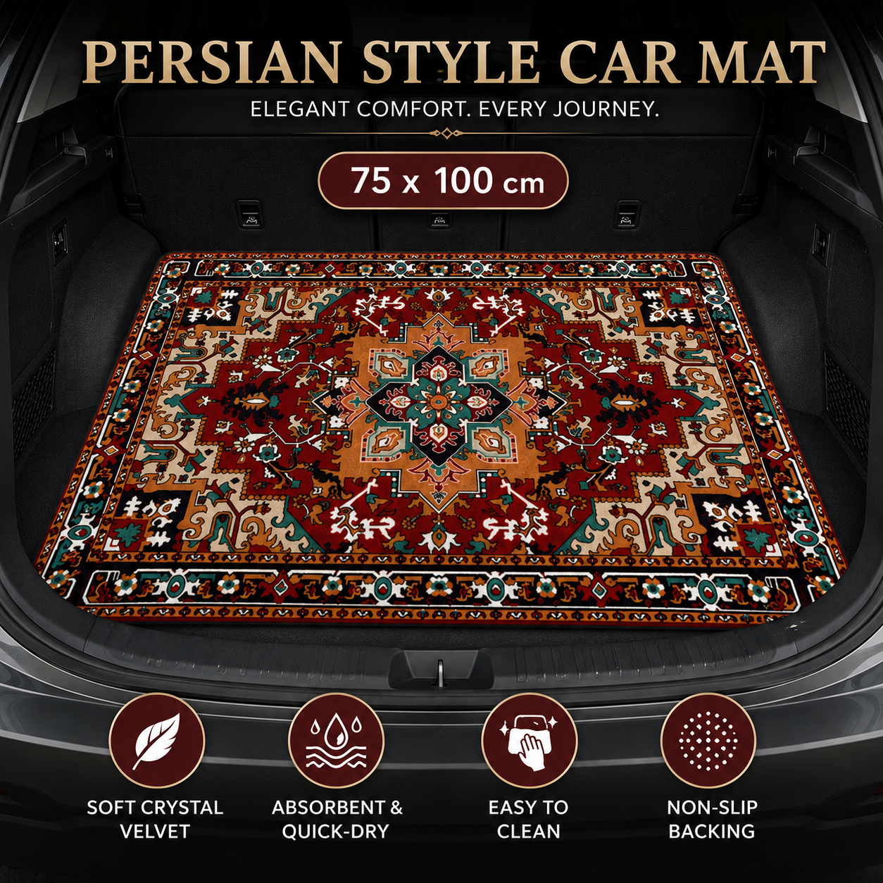 Style 1 Soft Crystal Velvet Waterproof Car Trunk Mat â€“ 75Ã—100cm Retro Floral Persian Cargo Liner with Non Slip Backing, Water Absorbent Quick Dry and Easy to Clean, Universal Auto Protector