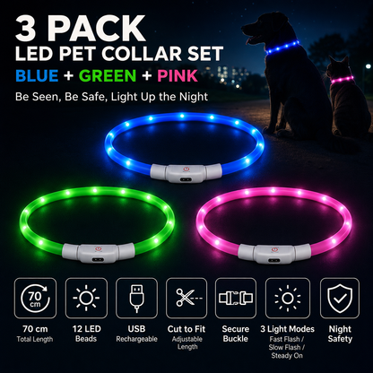 3PCS USB Rechargeable LED Pet Collar (Blue Green Pink) â€“ 70cm Cuttable Silicone Glow Dog Collar with 12 LED Beads, 3 Flash Modes and Easy-Loop Design, Night Safety Glow Necklace for Dogs and Cats Walking