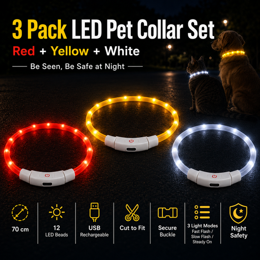 3PCS USB Rechargeable LED Pet Collar (Red Yellow White) â€“ 70cm Cuttable Silicone Glow Dog Collar with 12 LED Beads, 3 Flash Modes and Secure Buckle Design, Night Safety Glow Necklace for Dogs and Cats Walking