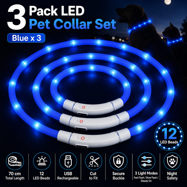 3PCS Blue USB Rechargeable LED Pet Collar Set â€“ 70cm Cuttable Silicone Glow Dog Collar with 12 LED Beads, 3 Flash Modes and Secure Buckle Design, Night Safety Glow Necklace for Dogs and Cats Walking