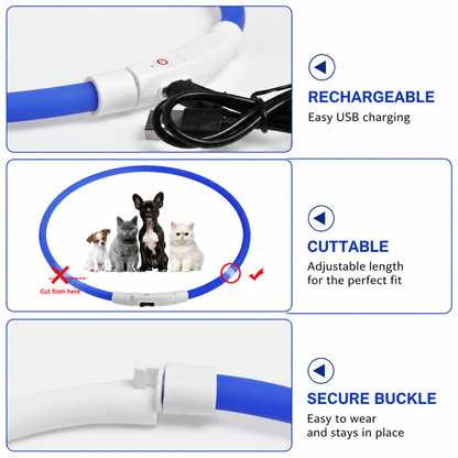 3PCS Blue USB Rechargeable LED Pet Collar Set â€“ 70cm Cuttable Silicone Glow Dog Collar with 12 LED Beads, 3 Flash Modes and Secure Buckle Design, Night Safety Glow Necklace for Dogs and Cats Walking