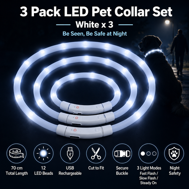 3PCS White USB Rechargeable LED Pet Collar Set â€“ 70cm Cuttable Silicone Glow Dog Collar with 12 LED Beads, 3 Flash Modes and Secure Buckle Design, Night Safety Glow Necklace for Dogs and Cats Walking