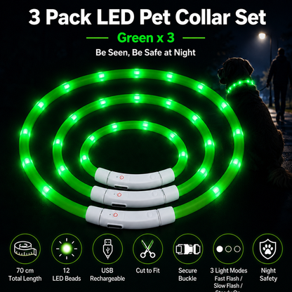 3PCS Green USB Rechargeable LED Pet Collar Set â€“ 70cm Cuttable Silicone Glow Dog Collar with 12 LED Beads, 3 Flash Modes and Secure Buckle Design, Night Safety Glow Necklace for Dogs and Cats Walking