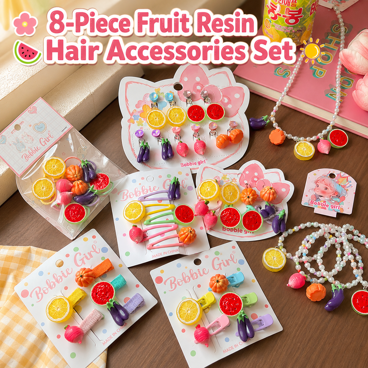 8-Piece Fruit Resin Hair Accessories Set with 5-Type Fruit Hair & Ear Clips, Hair Ties, Pearl Bracelet and Necklace, Cute Colourful Summer Fruity Headwear Kit for Daily Wear, Party Styling and Girls Gift Giving