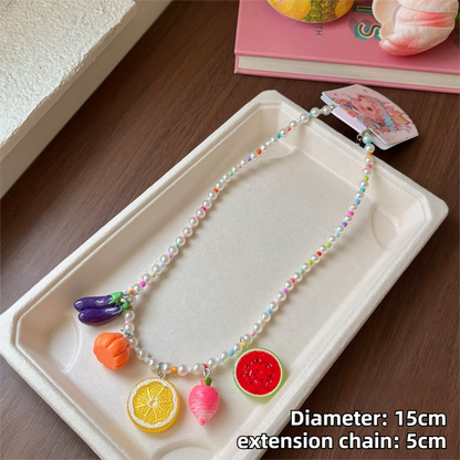 8-Piece Fruit Resin Hair Accessories Set with 5-Type Fruit Hair & Ear Clips, Hair Ties, Pearl Bracelet and Necklace, Cute Colourful Summer Fruity Headwear Kit for Daily Wear, Party Styling and Girls Gift Giving