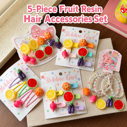 5-Piece Fruit Resin Hair Accessories Set with 5-Type Fruit Hair & Ear Clips, Hair Ties and Pearl Bracelet, Cute Colourful Summer Fruity Headwear Kit for Daily Wear, Party Styling and Girls Gift Giving