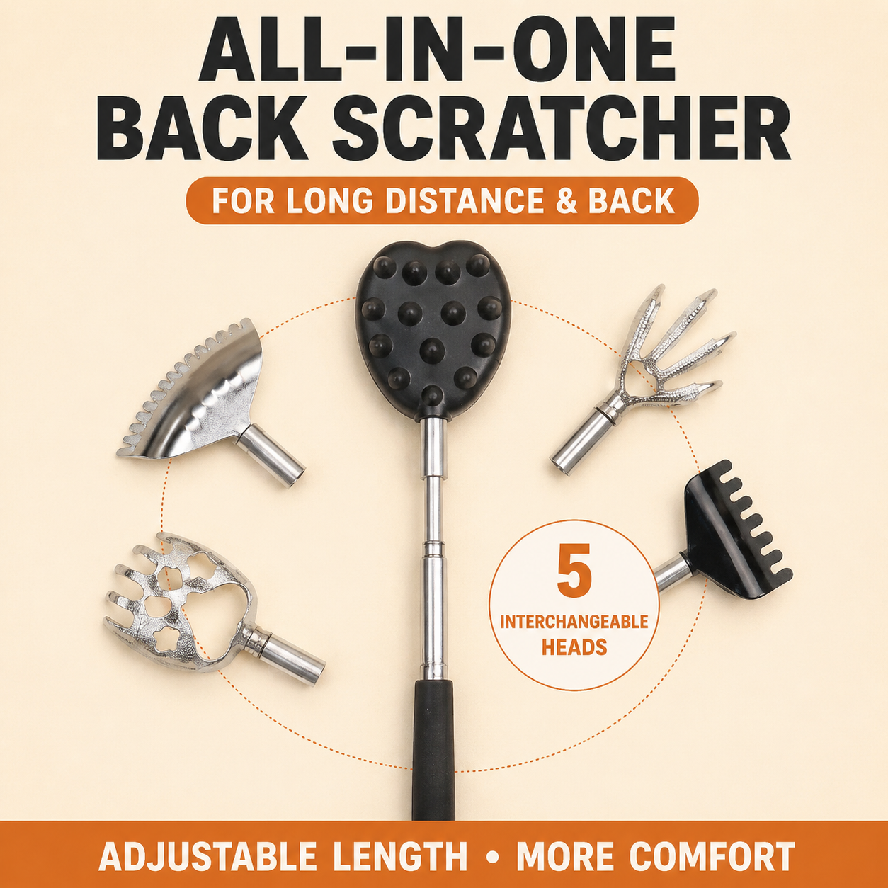 Portable Extendable Back Scratcher Massage Tool with 5 Detachable Heads â€“ Metal Telescopic Rod and Non Slip Grip for Back Relief and Daily Comfort
