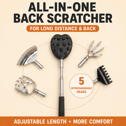 Portable Extendable Back Scratcher Massage Tool with 5 Detachable Heads â€“ Metal Telescopic Rod and Non Slip Grip for Back Relief and Daily Comfort