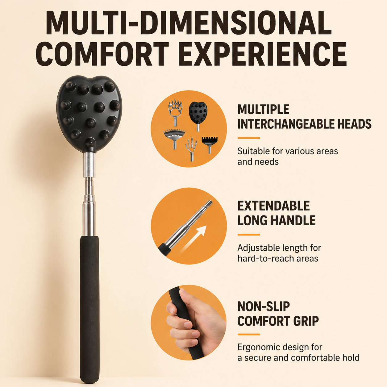 Portable Extendable Back Scratcher Massage Tool with 5 Detachable Heads â€“ Metal Telescopic Rod and Non Slip Grip for Back Relief and Daily Comfort