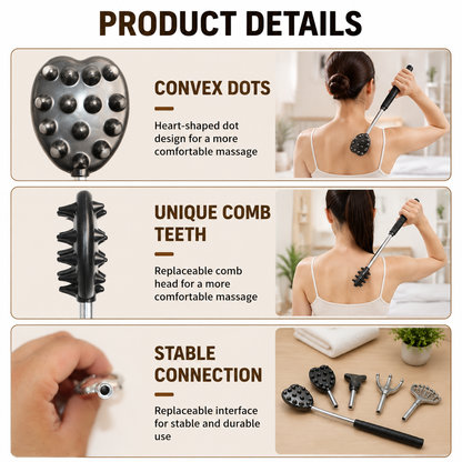 Portable Extendable Back Scratcher Massage Tool with 5 Detachable Heads â€“ Metal Telescopic Rod and Non Slip Grip for Back Relief and Daily Comfort