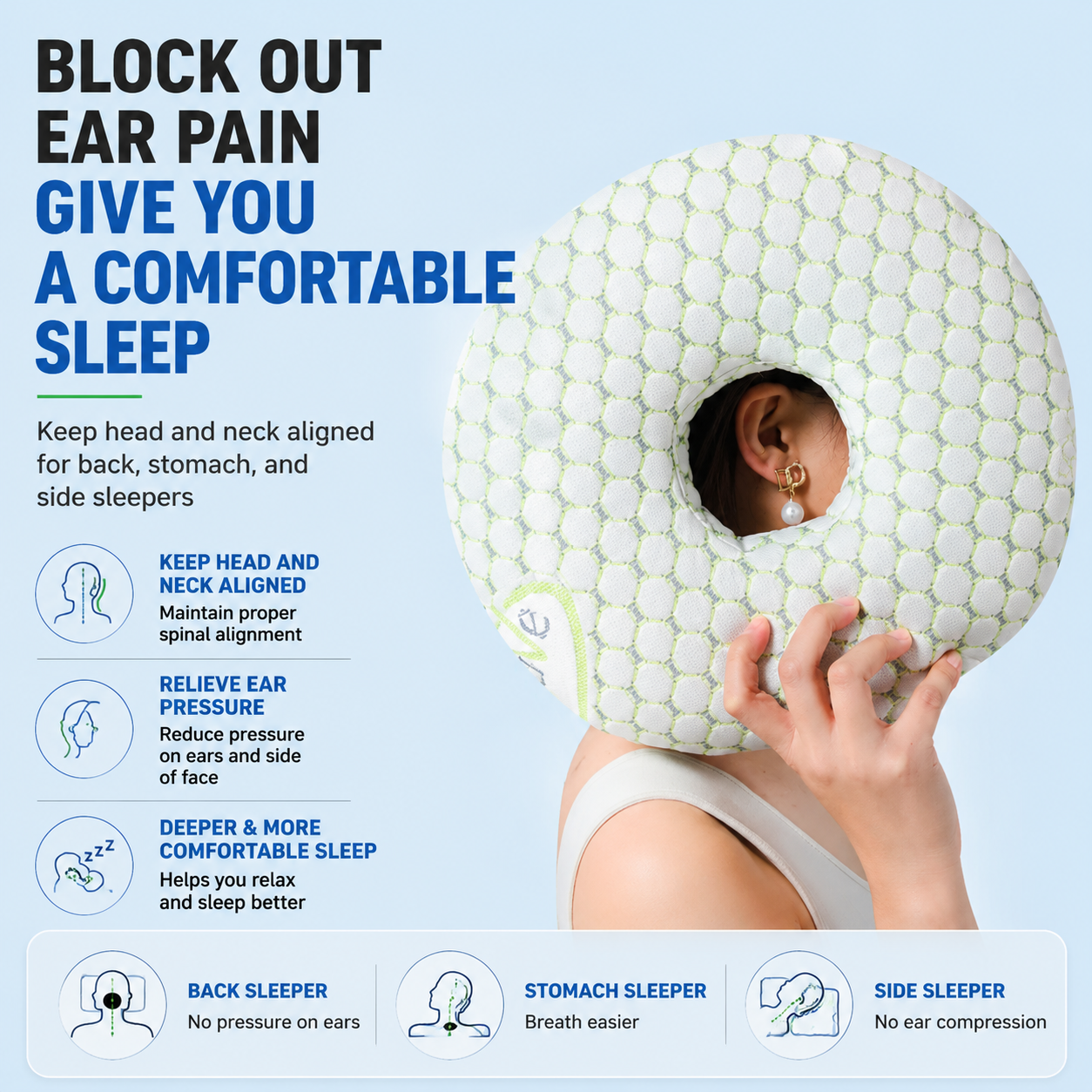 Gold 30CM Round Ear Protection Pillow with Hole Design â€“ Milk Silk Removable Cover and PP Cotton Core, Side Sleeper Pillow & Neck Support Cushion for Ear Pressure Relief