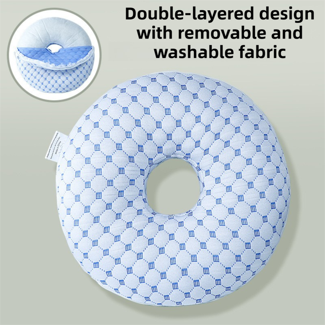 Blue 30CM Round Ear Protection Pillow with Hole Design â€“ Milk Silk Removable Cover and PP Cotton Core, Side Sleeper Pillow & Neck Support Cushion for Ear Pressure Relief