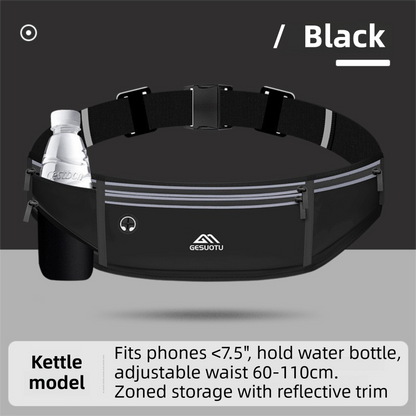 Black Breathable & Waterproof Lycra Running Waist Bag for Kettle & 7.5" Phone â€“ Lightweight No Bounce Reflective Fitness Belt with 4-Zoned Storage, Earphone Hole and Adjustable Strap for Men and Women